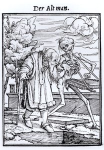 ハンス・ラッツェルバーガーによって刻まれた「死のダンス」の死と老人、1538年頃 作： Hans Holbein der Jüngere