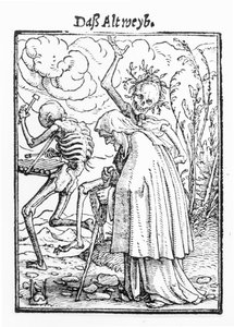 ハンス・ラッツェルバーガーによって刻まれた「死のダンス」の死と老婆、1538年頃（木版画）（bw写真）