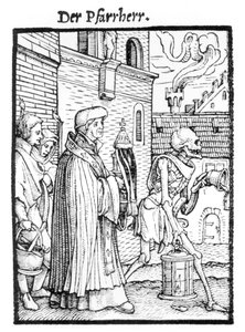 ハンス・ラッツェルバーガーによって刻まれた「死のダンス」からの死と教区司祭、1538年頃 作： Hans Holbein der Jüngere