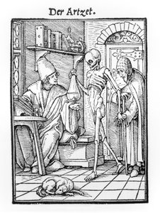 ハンス・ラッツェルバーガーによって刻まれた「死のダンス」からの死と医師、1538年頃 作： Hans Holbein der Jüngere