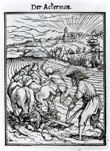 ハンス・ラッツェルバーガーによって刻まれた「死のダンス」（1538年頃）の「死とプラウマン」