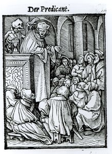 ハンス・ラッツェルバーガーによって彫刻された「死のダンス」からの死と説教者、1538年頃 作： Hans Holbein der Jüngere