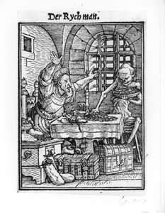 ハンス・ラッツェルバーガーが刻んだ「死のダンス」の死と金持ち、1538年頃 作： Hans Holbein der Jüngere
