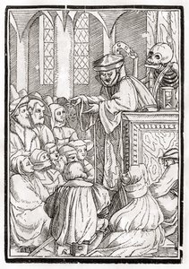 1843年にバーゼルで出版された「Der Todten Tanz」から、Georg Scharffenbergによって彫刻された説教者の死が訪れる 作： Hans Holbein der Jüngere