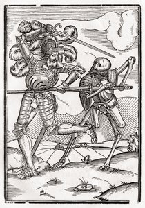 1843年にバーゼルで公開された「Der Todten Tanz」から死が騎士または伯爵にやって来る 作： Hans Holbein der Jüngere