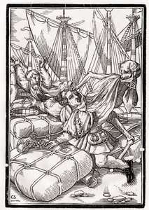 1843年にバーゼルで公開された「Der Todten Tanz」から、Georg Scharffenbergによって刻まれた商人の死 作： Hans Holbein der Jüngere
