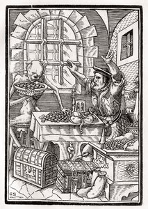 1843年にバーゼルで公開された「Der Todten Tanz」から、Georg Scharffenbergによって彫刻されたMiserまたはUsurerに死が訪れる 作： Hans Holbein der Jüngere