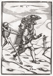 1843年にバーゼルで公開された「Der Todten Tanz」から、Georg Scharffenbergによって彫刻されたペドラーに死が訪れる 作： Hans Holbein der Jüngere