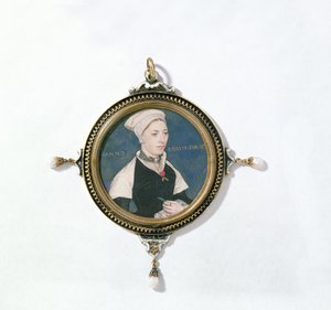 ジェーン・スモール、以前はロバート・ペンバートン夫人として知られていた、1540年頃（トランプに取り付けられたベラムのトイレ）（14732の詳細） 作： Hans Holbein der Jüngere