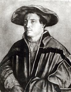 赤い帽子をかぶった男の肖像、c.1530（紙にチョークとトイレ） 作： Hans Holbein der Jüngere