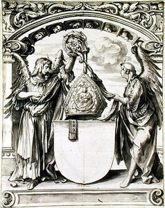 ガラス絵のデザイン、1520年頃（紙にペンとグレーのウォッシュと黒のチョーク 作： Hans Holbein der Jüngere