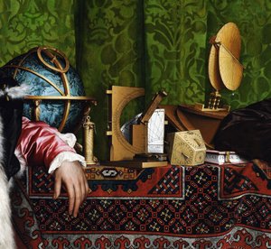 大使 (Jean de Dinteville (1504-1555 または 1557) と Georges de Selve (1506-1541)) (大使 (Jean de Dinteville と Georges de Selve)) 上段の天文機器の詳細: 天球儀、トルコ語(またはトルクタム) および cad 作： Hans Holbein der Jüngere