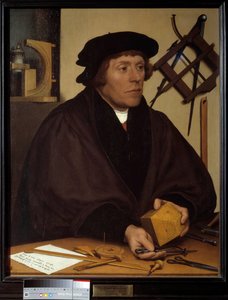 ニコラ・クラッツァー（1487-1550）の肖像 ヘンリー8世の天文学者。若き日のハンス・ホルベイン（1497-1543）による絵画。16世紀の作品。薄暗い。0.83×0.67m。 作： Hans Holbein der Jüngere