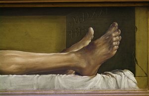 死んだキリストの肉体、足の詳細と作品の署名と日付、ライムウッドの1521テンペラ 作： Hans Holbein der Jüngere