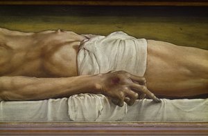 死んだキリストの体、手の細部、ライムウッドの1521テンペラ 作： ハンス・ホルバイン・ザ・ヤング