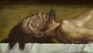 死んだキリストの体、頭の詳細、ライムウッドの1521テンペラ
