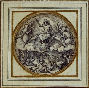 最後の審判 - ペンダントまたは帽子バッジのデザイン 1532-43年頃 （紙にペンとインク 作： Hans Holbein der Jüngere