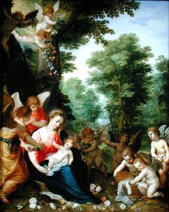風景の中の天使とマドンナと子供（銅の油） 作： Hans I or Johann Rottenhammer