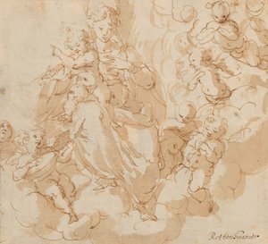 レクト：プッティに囲まれた雲の上に座る聖母子 作： Hans I or Johann Rottenhammer