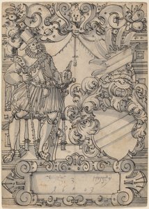 紋章付きの寄付者 (盾の伴侶と斜棒の紋章の盾) 作： Hans Jegli II