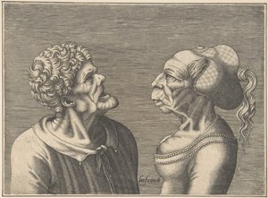 2 つのグロテスクな頭、1538-73。 作： Hans Liefrinck