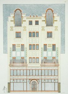 5階建てビルの設計（1900年代初頭）「ドキュメント・アーキテクチャー・モデルン」より（カラーリトグラフ 作： Hans Mayr