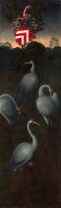 パガニョッティ家の紋章のある鶴トリプティクのパネルの裏、c。 1480 作： Hans Memling