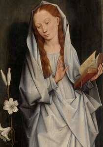 受胎告知を示す一対の翼の裏側からの聖母の詳細（パネルに油彩） 作： Hans Memling