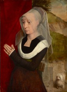Femme en priere avec son chien - 犬を連れて祈る女性、ハンス・メムリンク作 (1433/40-1494)。 木に油彩 作： Hans Memling
