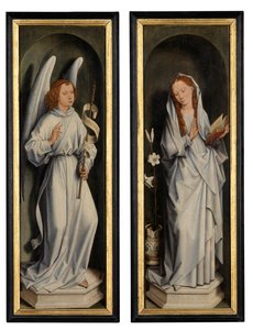 受胎告知を示す一対の翼の裏返し (パネルに油彩) 作： Hans Memling
