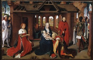 テンプル騎士団のシャルルと善良なフィリップとしてのマギたち。マギの崇拝」中央パネル（木にデトレンペ 作： Hans Memling