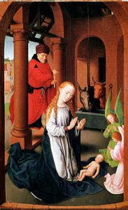 キリストの降誕。礼拝のトリプティク」の左パネル（木にデトレンペ、1470年頃 作： Hans Memling