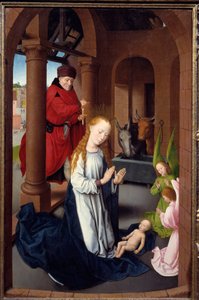 マギの崇拝のトリプティク。左パネルの詳細。ラ・ナティヴィテ。ハンス・メムリング（1433-1494）による1470年頃の木版デトレンプレ。マドリッドプラド美術館 作： Hans Memling