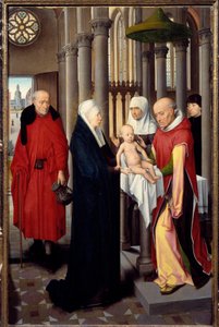 マギの崇拝のトリプティク。右パネルの詳細。神殿での贈呈。1470年頃、ハンス・メムリング（1433-1494）による木版デトレンプレ。マドリッドプラド美術館 作： Hans Memling