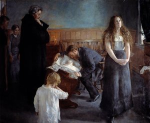 病気の子。ハンス・オラフ・ハイエルデール（1857-1913）の絵画 Ec.訴えられた