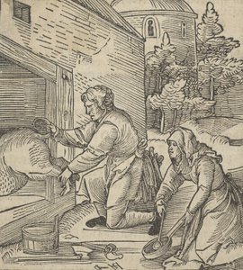 豚を屠殺する農夫、Hymmelwagen auff dem, wer wol leben..., 1517. 作： ハンス・シャウフェライン（父）