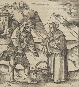 Hymmelwagen auff dem, wer wol leben..., 1517 からの農夫と彼のパトロン。 作： Hans Schäufelein the Elder