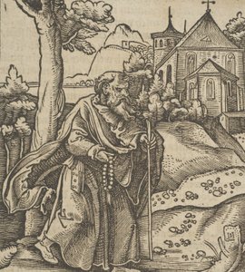右に歩く老巡礼者、Hymmelwagen auff dem, wer wol Leben..., 1517. 作： ハンス・シャウフェライン（父）