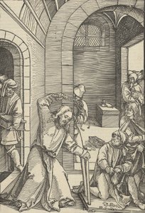 神殿を清めるキリスト、「我らの主イエス・キリストの受難の鏡」より、1507年。 作： Hans Schäufelein the Elder