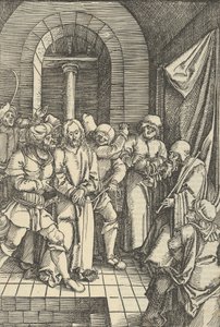 アンナスの前のキリスト、私たちの主イエス・キリストの情熱の鏡から、1507年. 作： Hans Schäufelein the Elder