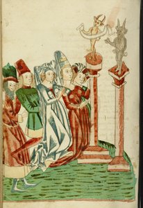 男性と女性のグループは2つの偶像を崇拝し、1469年（紙にインク、洗い、テンペラ）