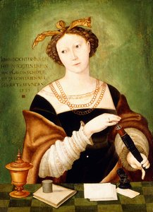 棚の長さで、棚の前に羽ペンのケースを抱えている女性の肖像画、 作： Hans Schöpfer