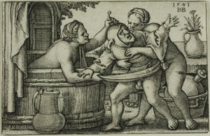道化師と水浴する二人の女性 作： Hans Sebald Beham