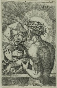 いばらの冠をかぶって母親に話しかけるキリスト 作： Hans Sebald Beham