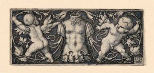 中央にキュイラスを置いたフリーズ、両脇に 2 つの天才がいる 作： Hans Sebald Beham