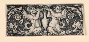 男性と女性のトリトンが並ぶ花瓶のあるフリーズ 作： Hans Sebald Beham
