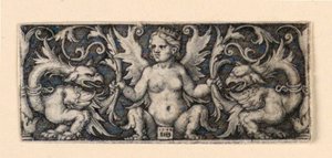 有翼の女性像と 2 羽のグロテスクな雄鶏のフリーズ 作： Hans Sebald Beham