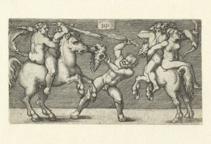 馬に乗った女性と立っている男性の 2 人の男性の間の戦い 作： Hans Sebald Beham