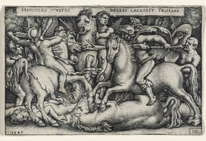 トロイの木馬と戦うヘラクレス、1545年（紙に刻印） 作： Hans Sebald Beham