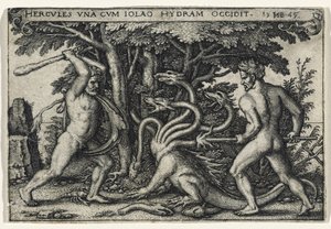 ヒュドラーを殺害するヘラクレス、1545年（敷設紙に彫刻） 作： Hans Sebald Beham